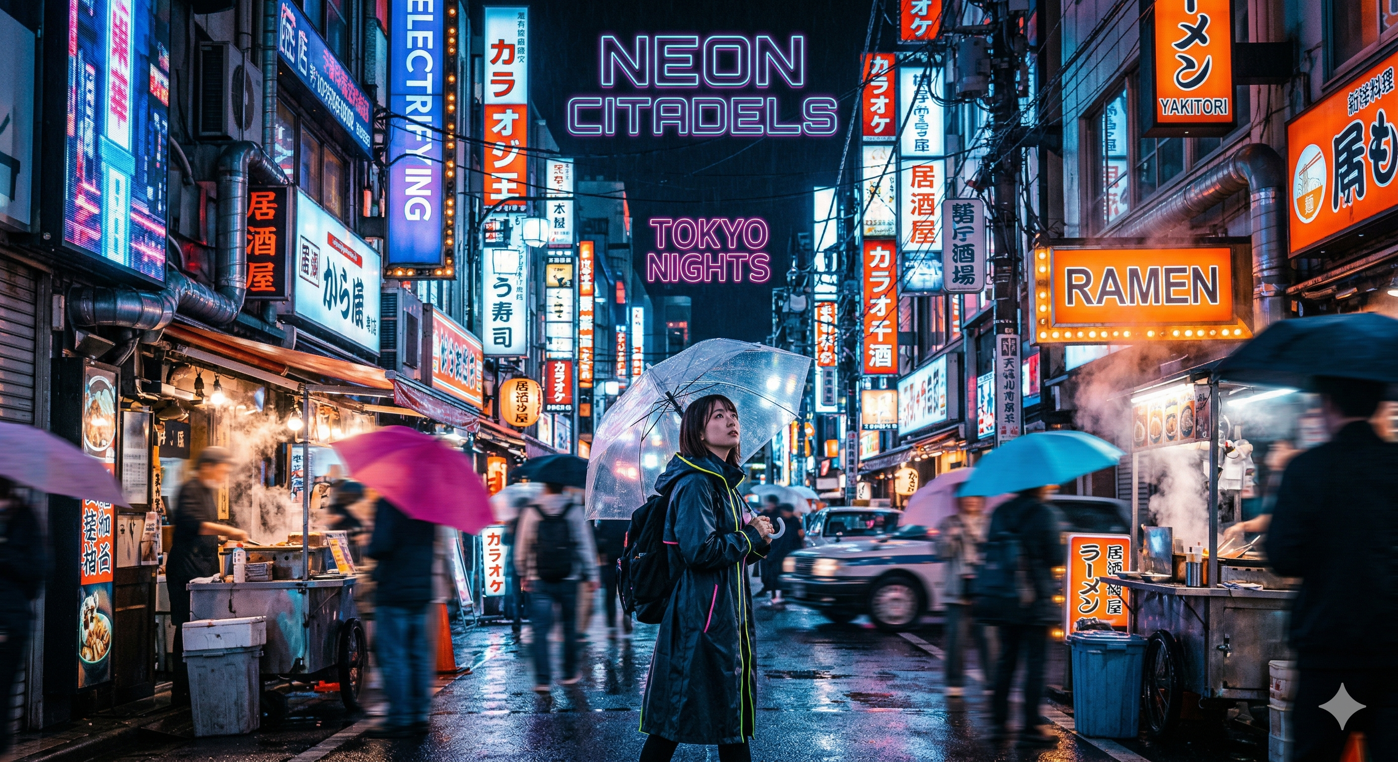 Vibrant neon sign reading NEON CITADELS and TOKYO NIGHTS illuminating a bustling Tokyo street at night, with colorful Japanese shop signs and crowded streets evoking electric energy and urban excitement
