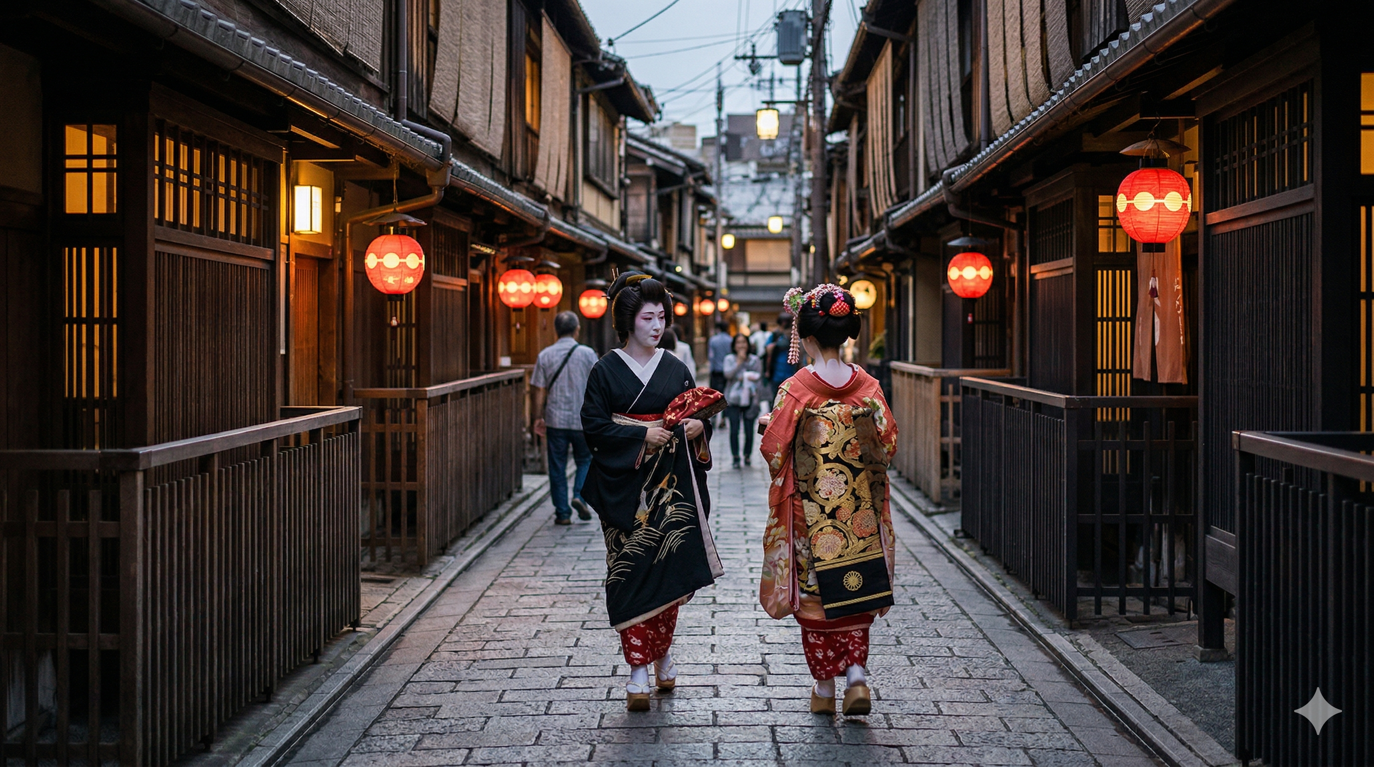 Geisha in traditional attire walking through historic wooden alleyway of Kyoto with traditional architecture and lanterns reflecting timeless cultural grace
